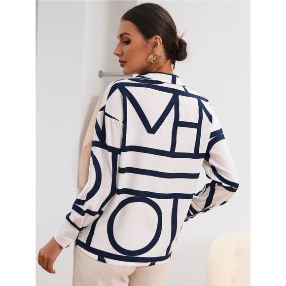 Geometric Print Blouse Buttoned Shirt White - Picture 2 of 9